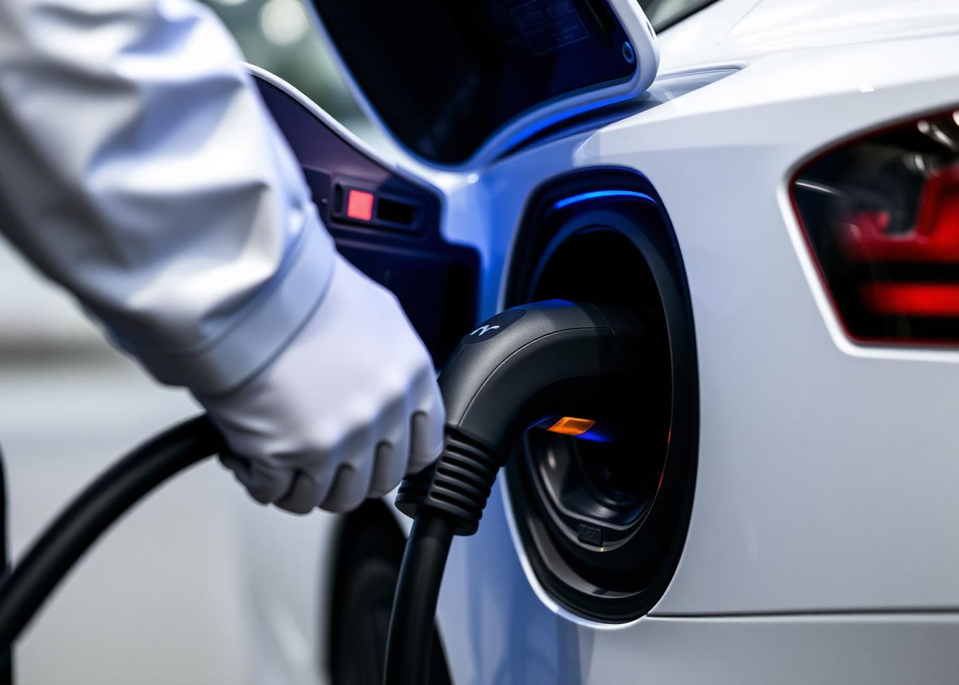 Technician connecting a Tesla NACS mobile charging connector to a white Tesla charge port — Rapid Tire GTA mobile EV service