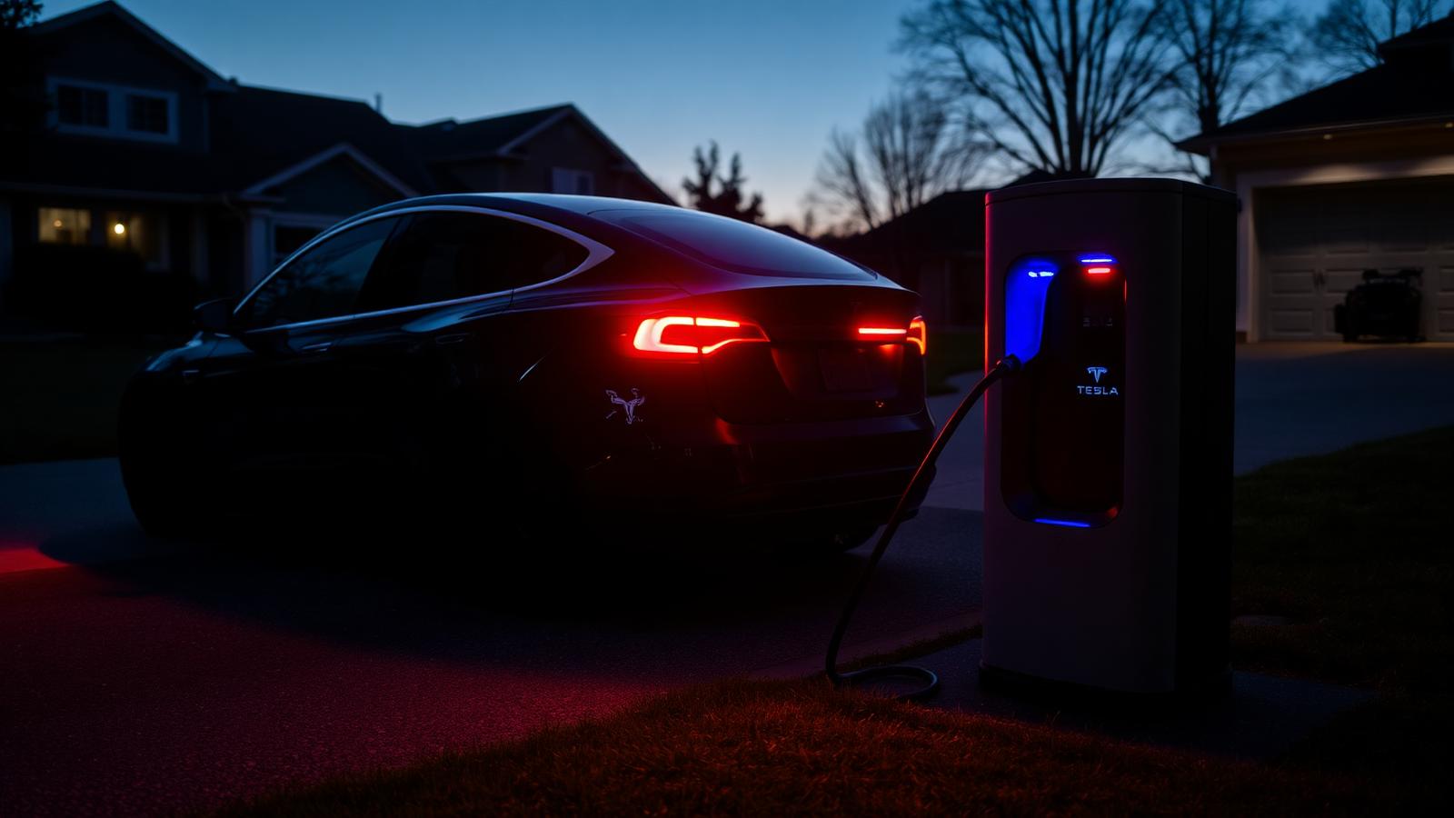 Tesla being charged by a mobile EV charging unit at dusk in a residential driveway — Rapid Tire GTA on-the-go EV charging service