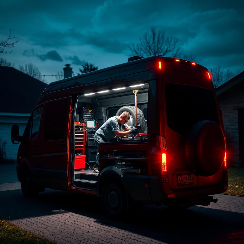 Mobile tire service van at a residential driveway