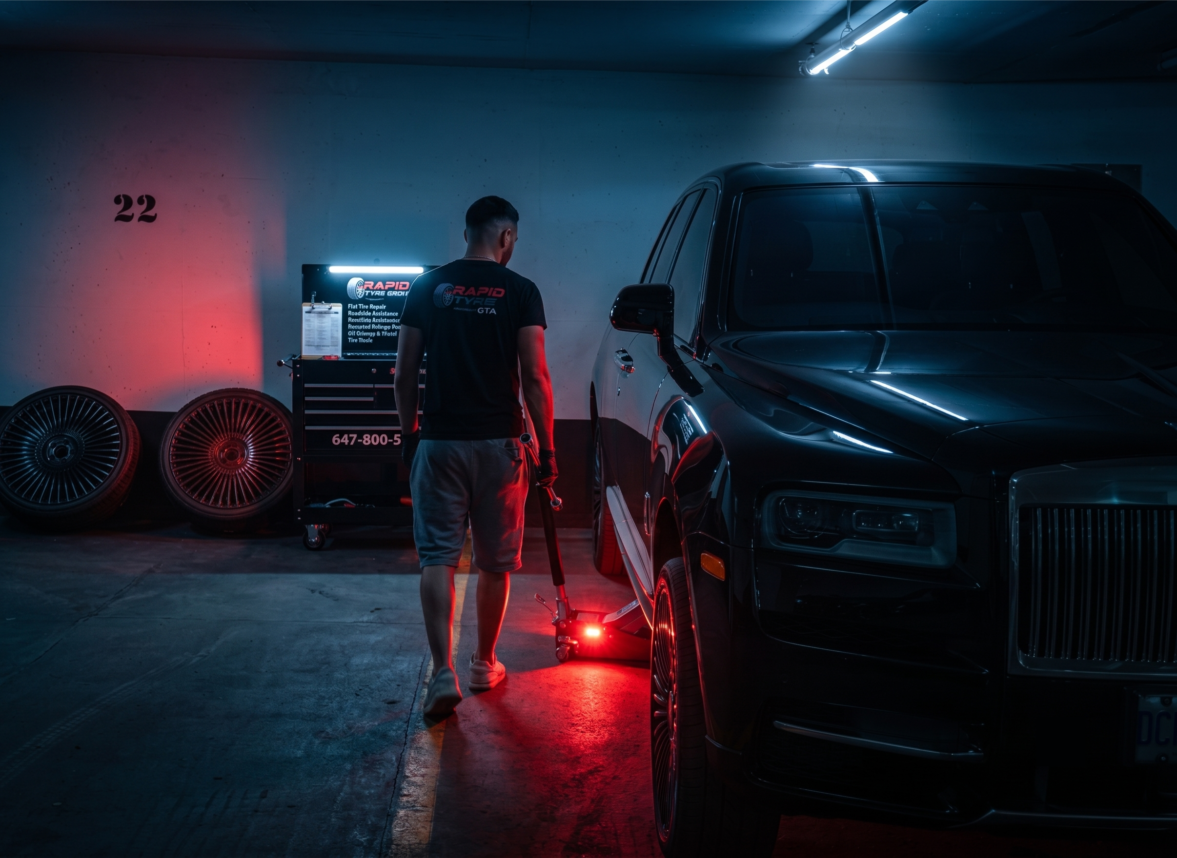 Mobile tire service van at a residential driveway