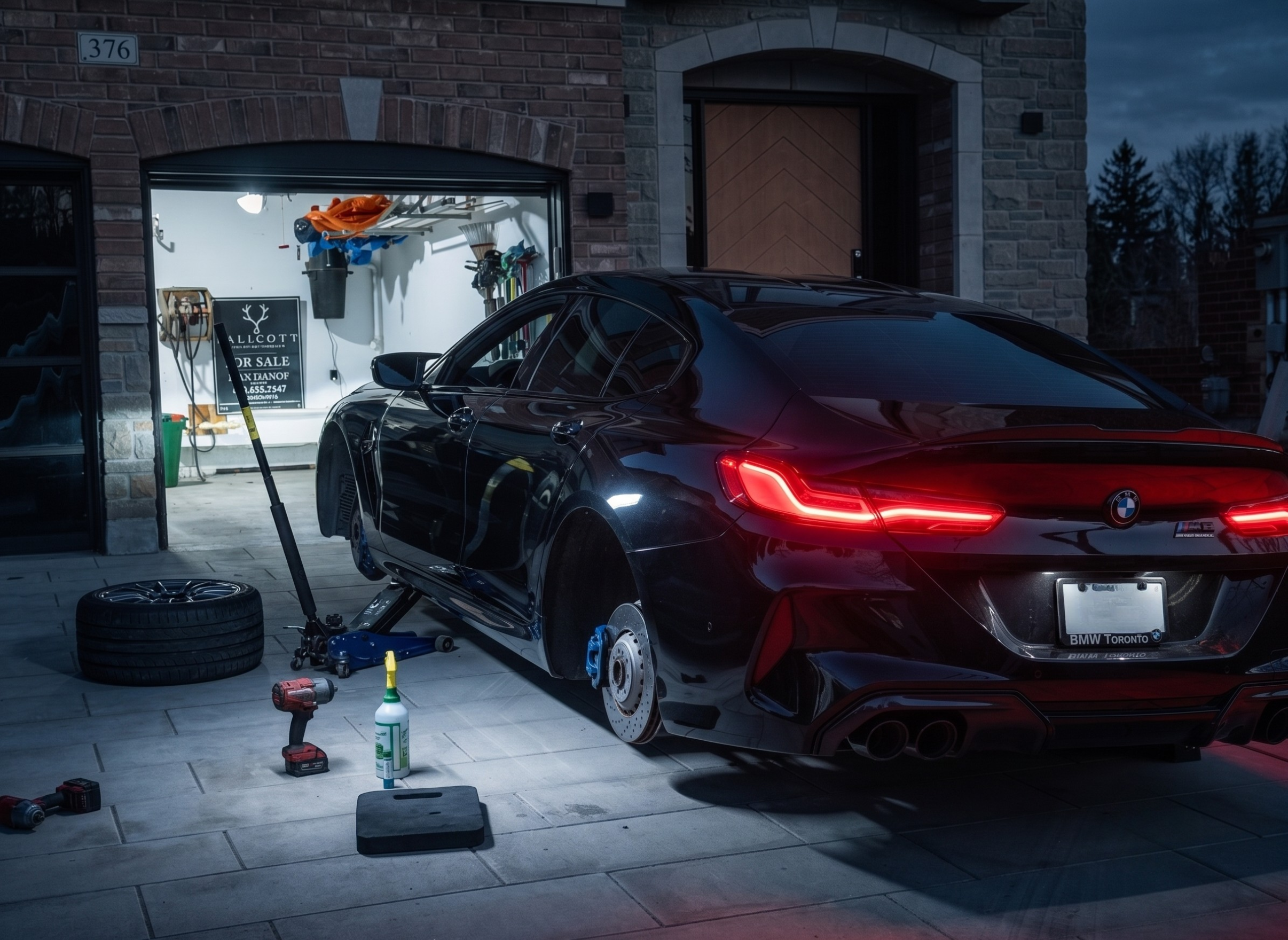 German car tire specialists working on a performance sedan at a GTA driveway