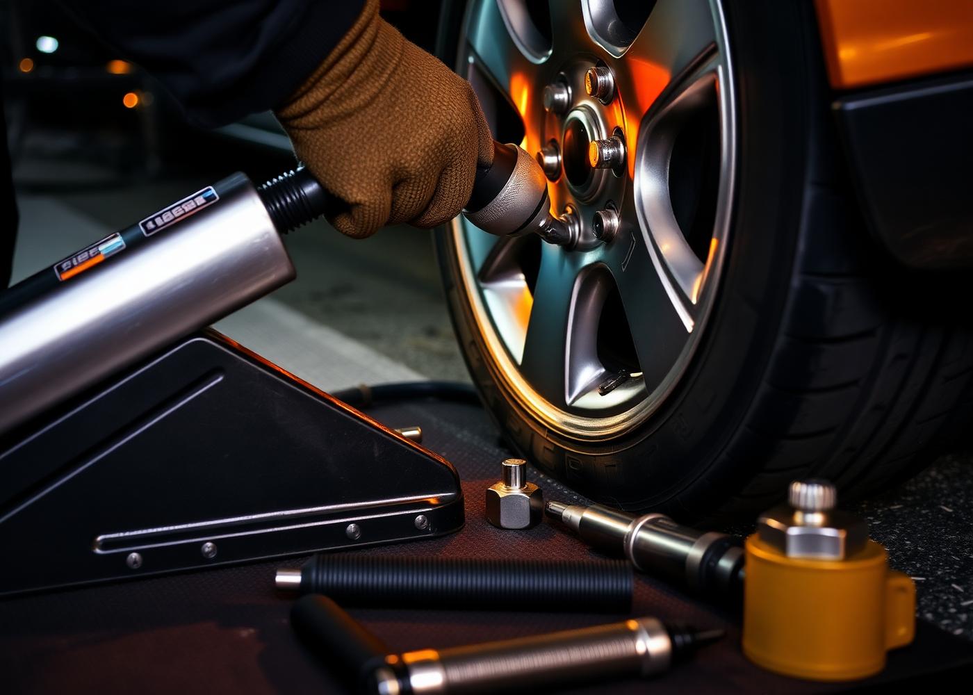 Roadside technician using professional impact wrench and hydraulic jack to replace a flat tire at night with amber warning lights