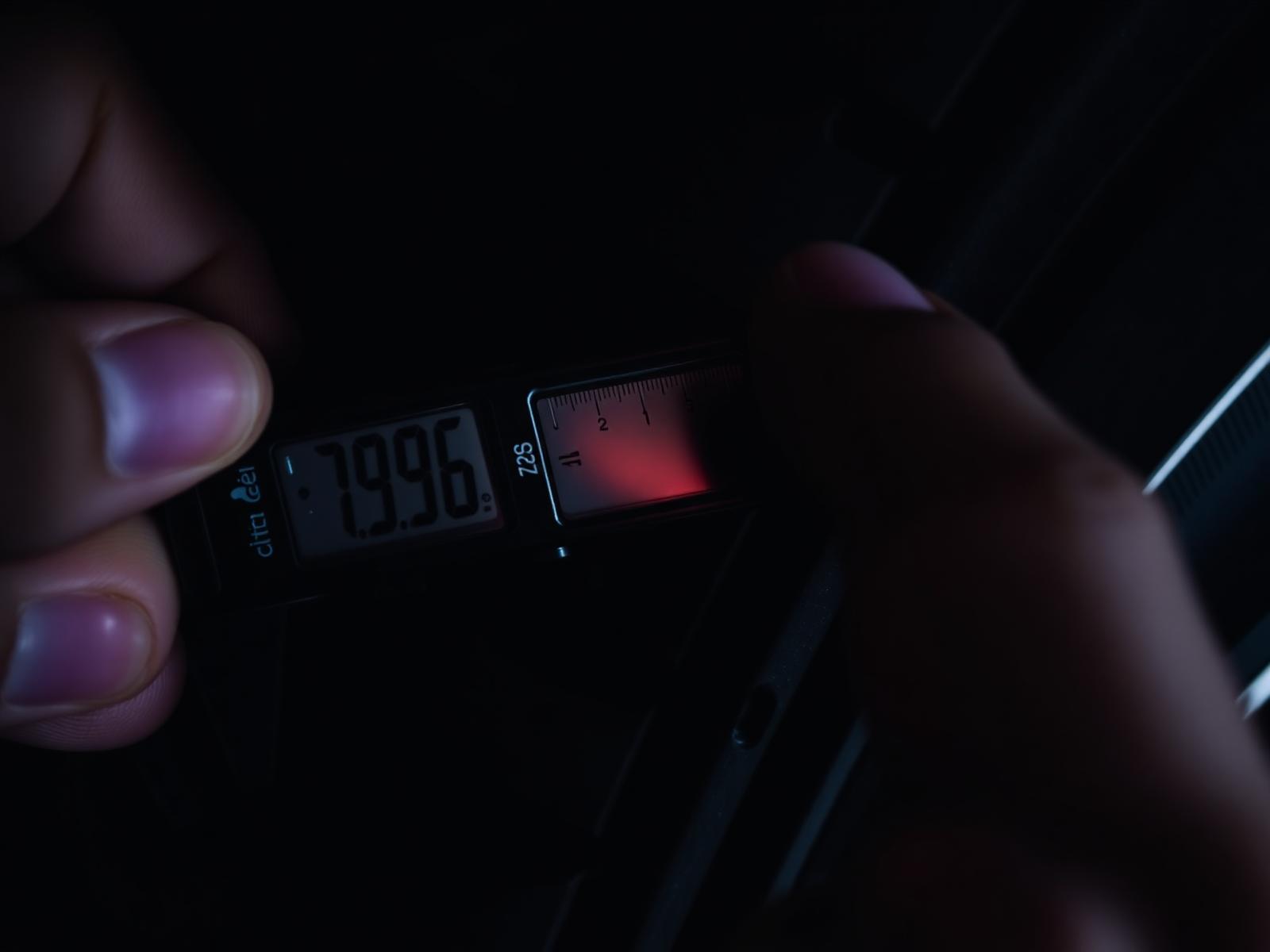 Tire technician using a digital tread depth gauge to verify the remaining tread on a used car tire before sale